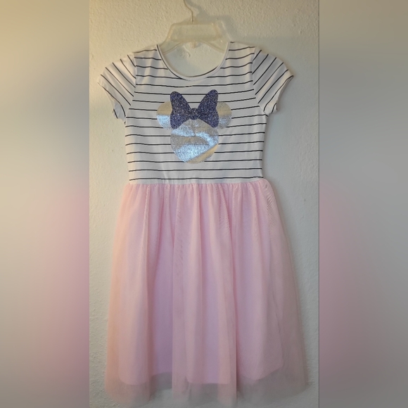 Striped Pink and White Kids Minnie Dress with Glitter Bow - Picture 1 of 5